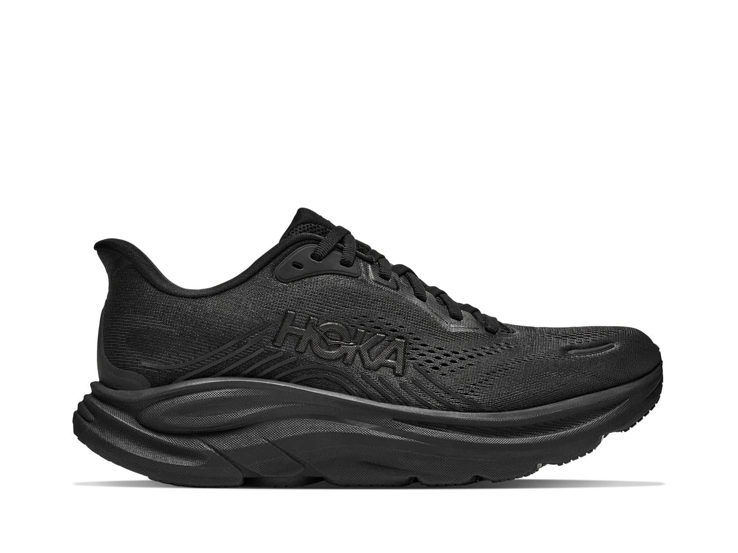 Black HOKA Clifton 11 running shoe in profile, showing the thick sole and HOKA logo