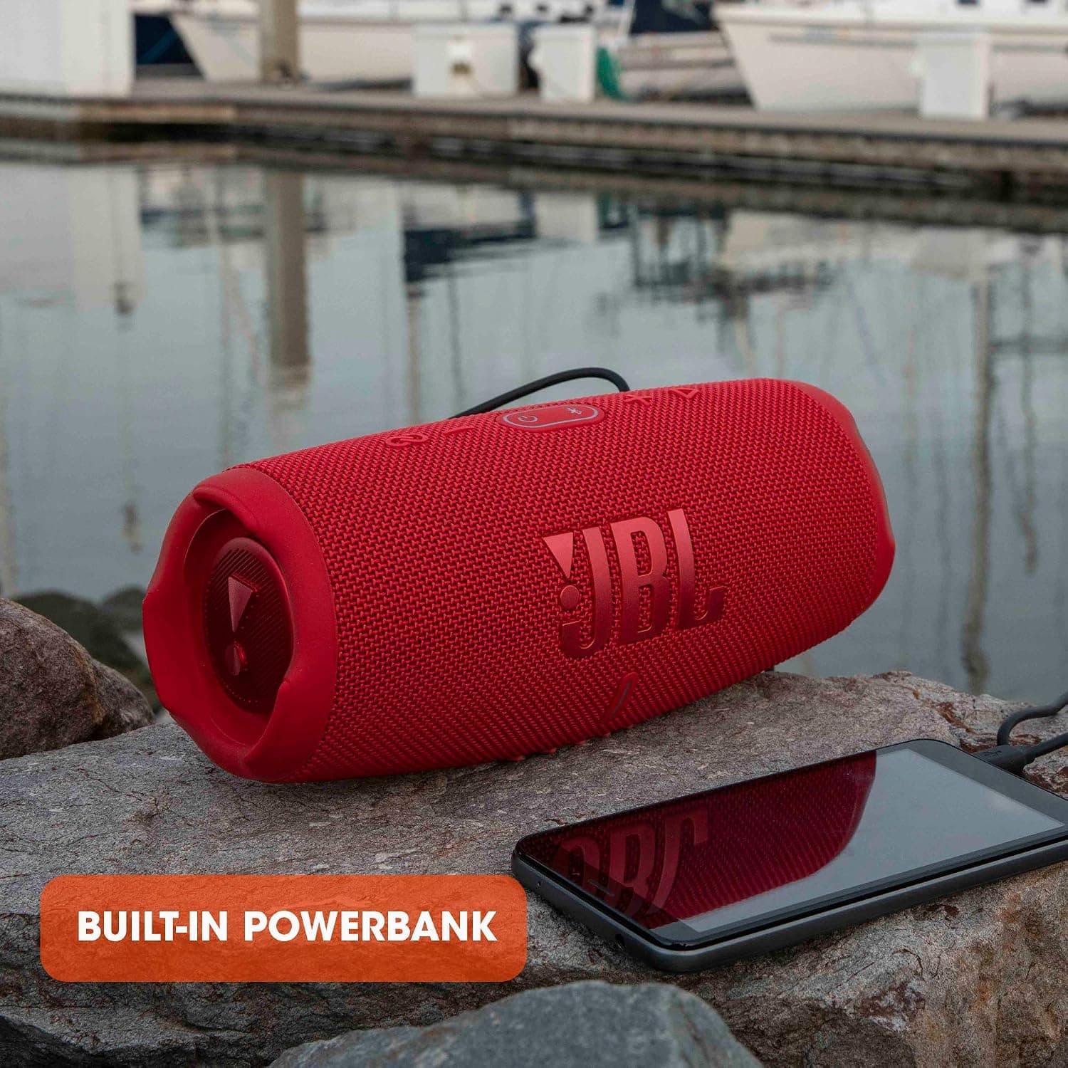 Black JBL Charge 5 portable Bluetooth speaker, three-quarter view