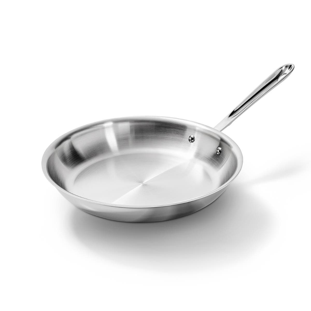 All-Clad D3 stainless 12-inch fry pan, interior view, with a long riveted handle