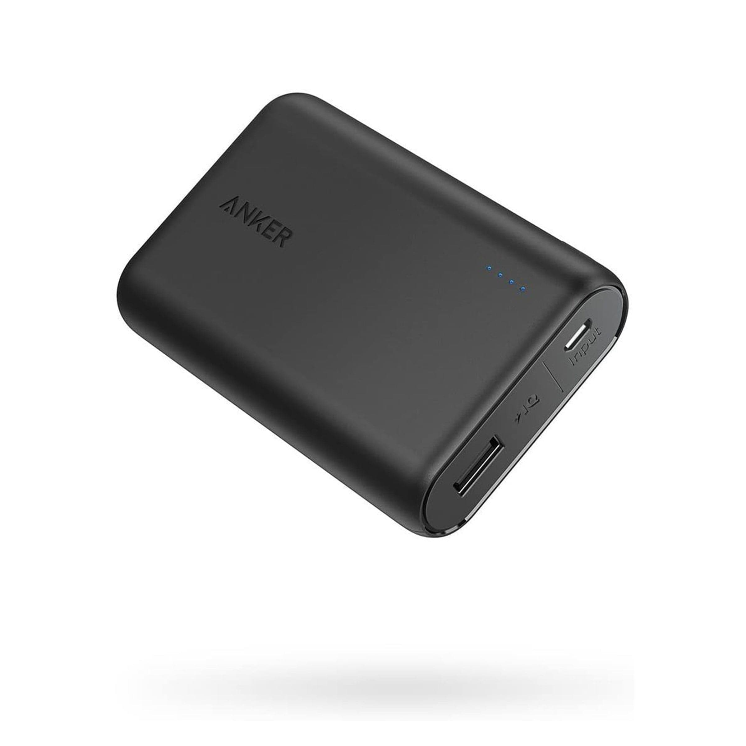 Anker PowerCore 10000 portable charger in black, front view on white
