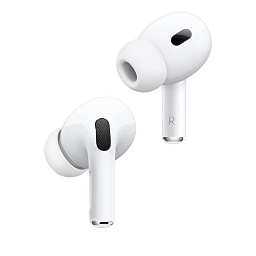 Apple AirPods Pro 2 earbuds in an open white charging case