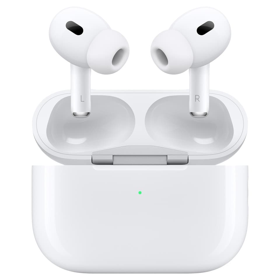 Apple AirPods Pro 2 earbuds in an open white charging case