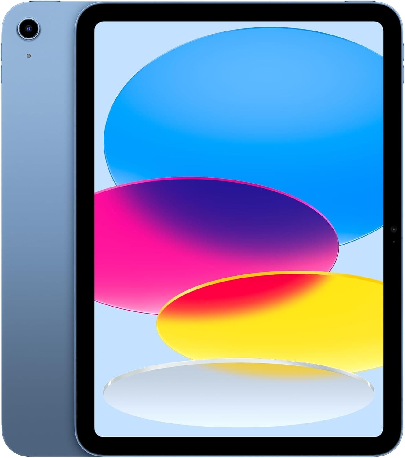 Blue Apple iPad 11-inch, front view, with a colorful abstract wallpaper
