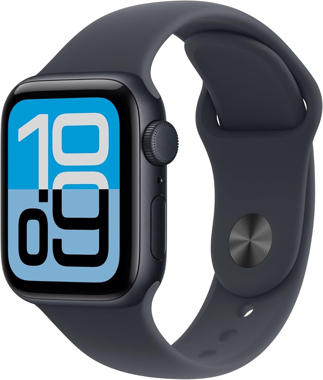 Midnight aluminum Apple Watch SE 3 with a matching Midnight sport band, three-quarter view