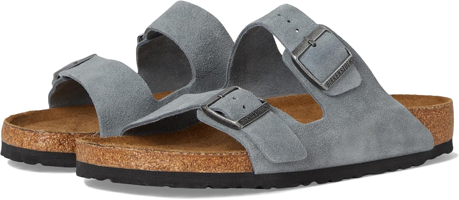 Men's gray suede Birkenstock Arizona Soft Footbed sandals, top view