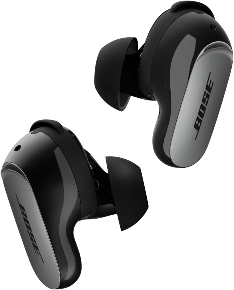 Black Bose QuietComfort Ultra earbuds in an open black charging case