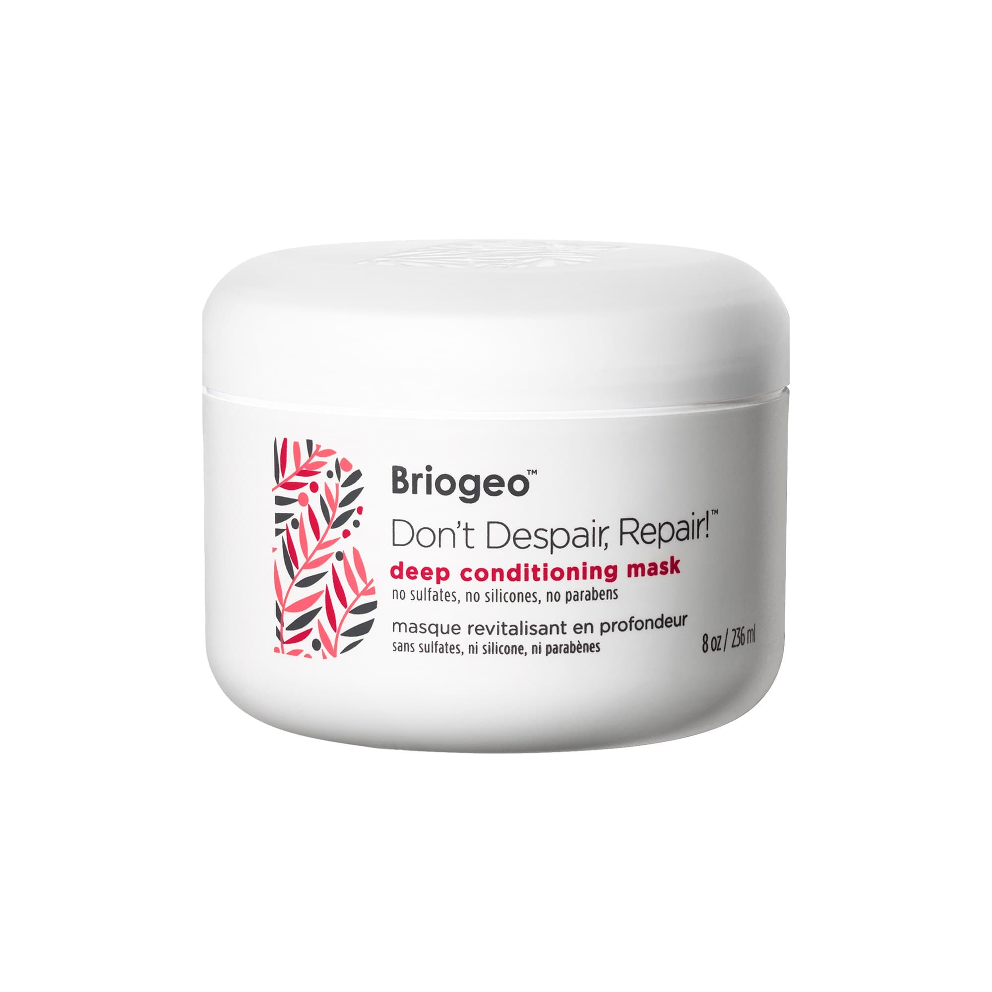 Briogeo Don't Despair, Repair deep conditioning mask in a white jar with a peach lid