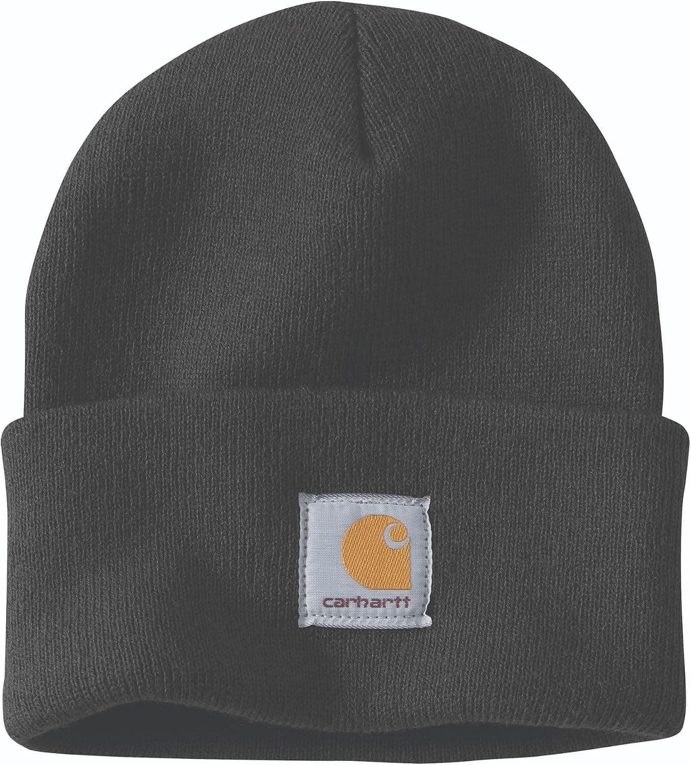 Black Carhartt acrylic watch hat, a knit beanie with a folded cuff, on white