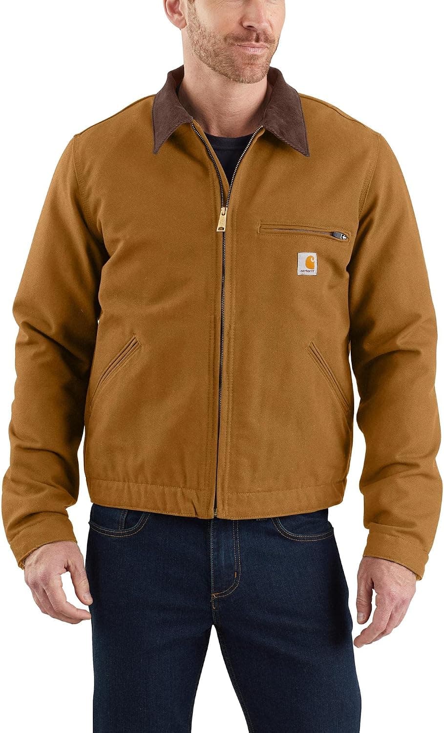 Carhartt Brown J01 Duck Detroit jacket, front view, with a corduroy collar and chest pocket