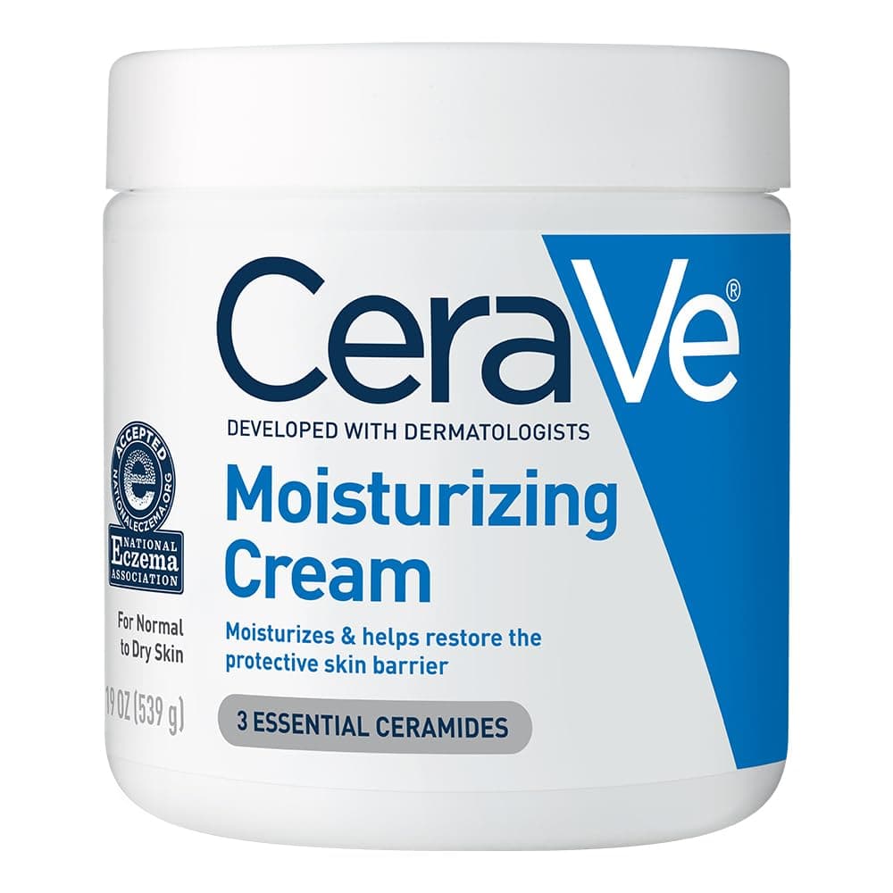 CeraVe Moisturizing Cream tub, white jar with a blue lid, front view