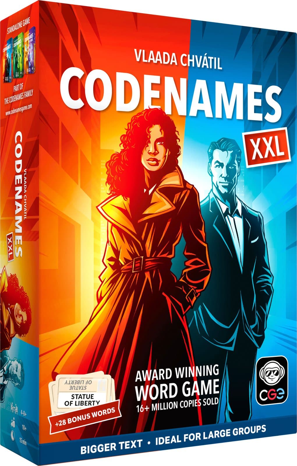 Codenames Second Edition game box, white with the red and blue logo