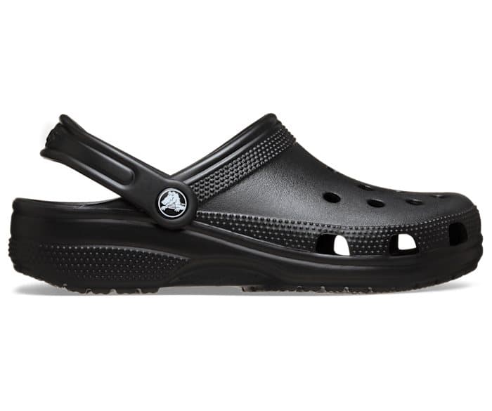 Black Crocs Classic Clog, front view, with the heel strap up