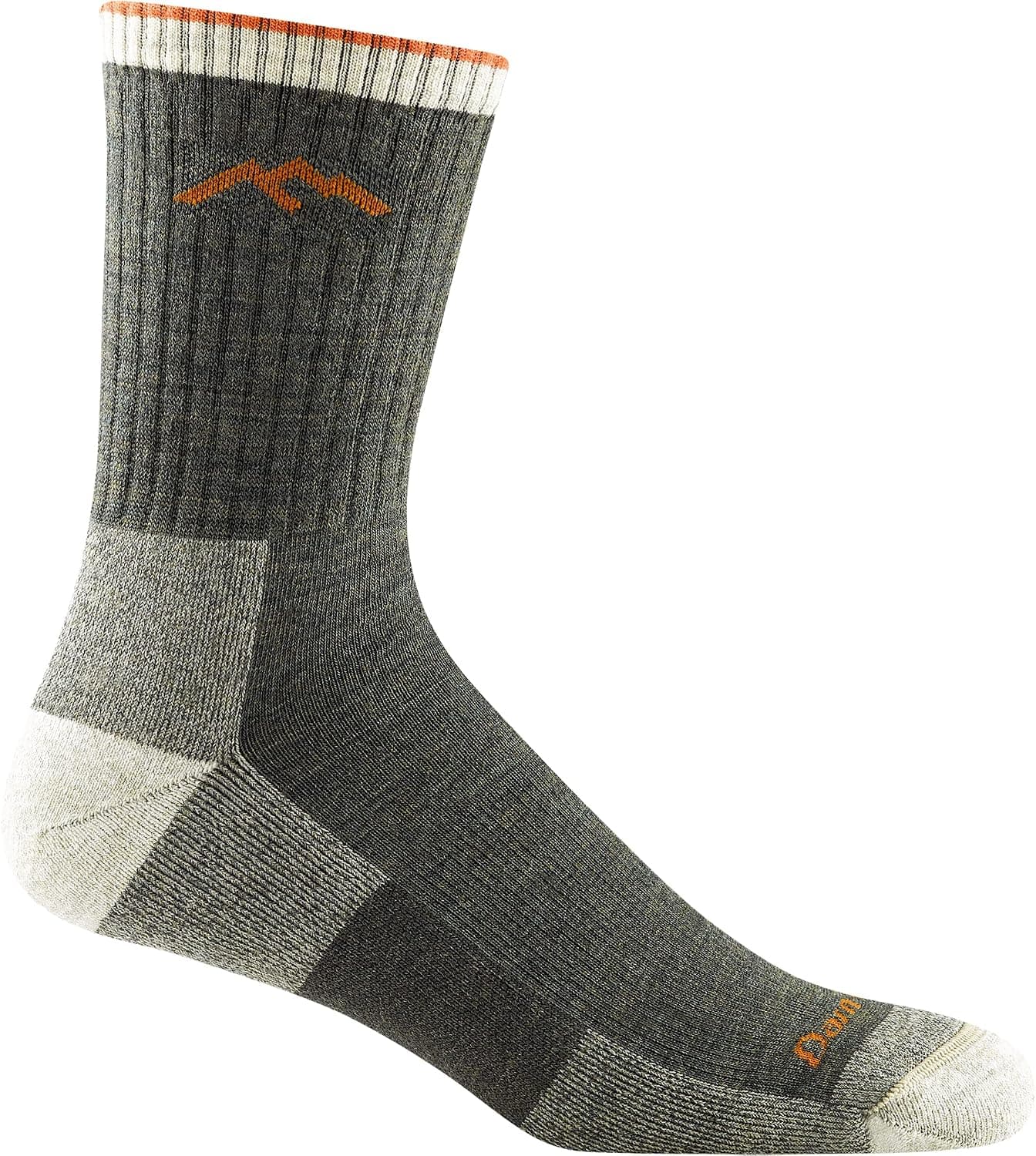 Pair of gray Darn Tough merino hiking socks with the orange logo