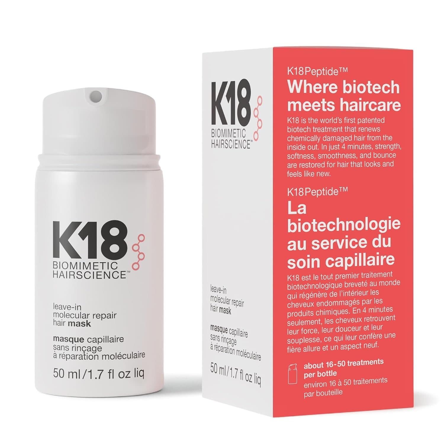 White K18 Leave-In Molecular Repair Hair Mask bottle, 50 ml, with a black cap