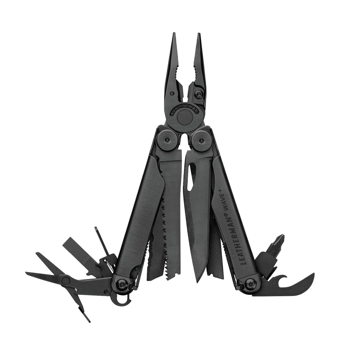 Stainless Leatherman Wave Plus multi-tool, closed, on white