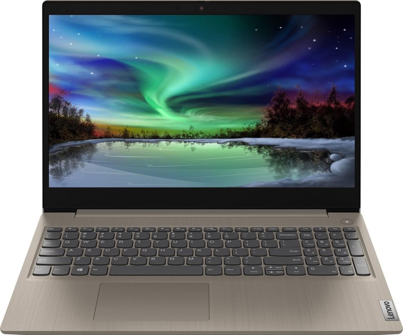 Open Lenovo IdeaPad 3 laptop, front view, silver chassis and black keyboard