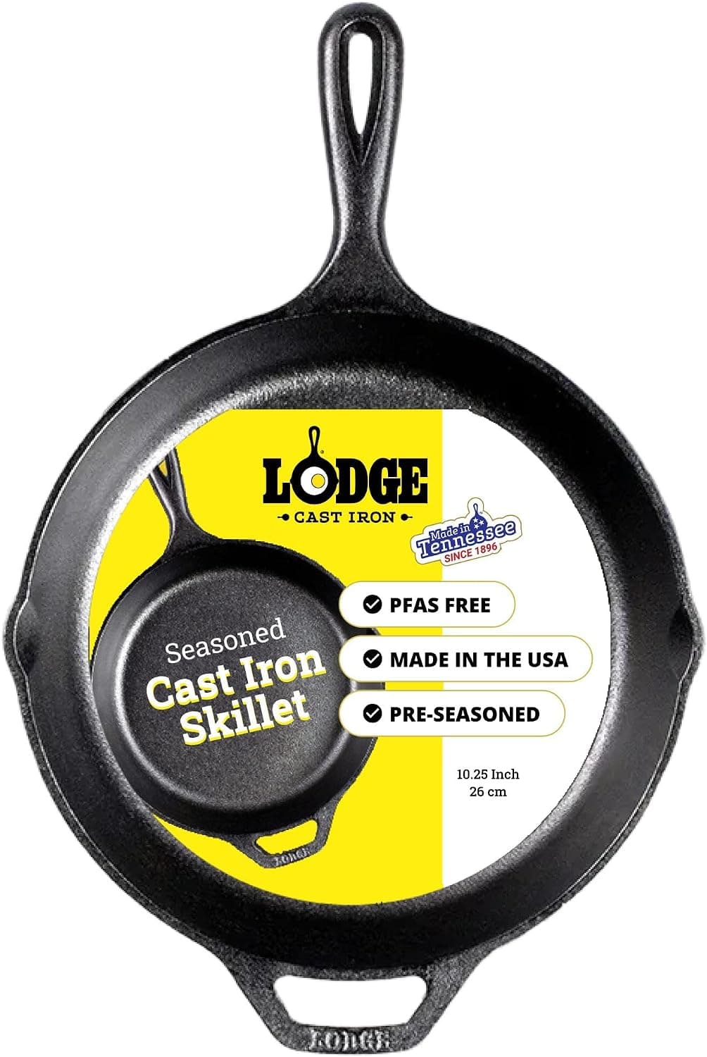 Lodge 10.25-inch pre-seasoned cast iron skillet with a helper handle, on white