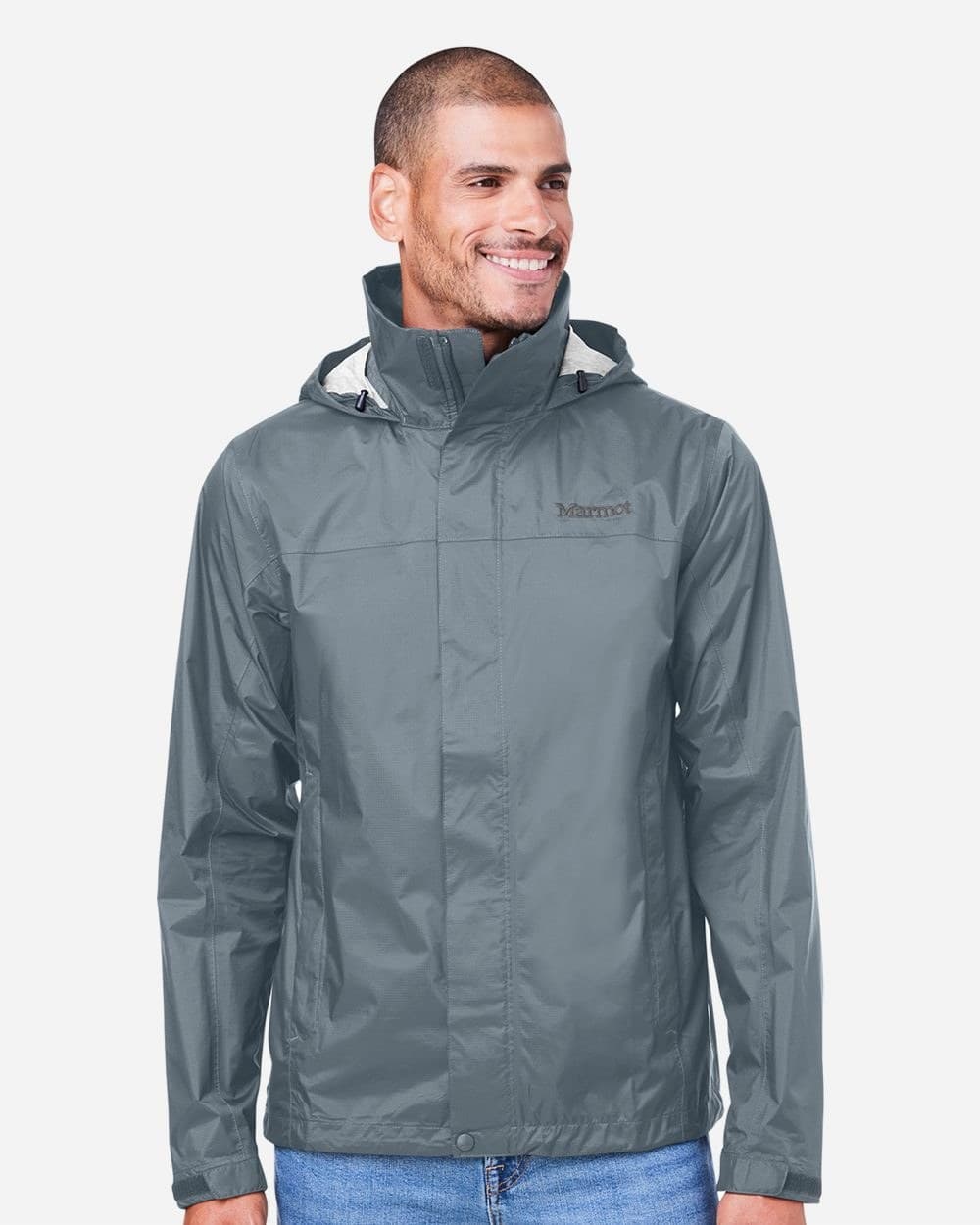 Black Marmot PreCip Eco rain jacket laid flat, front view, hood at the top