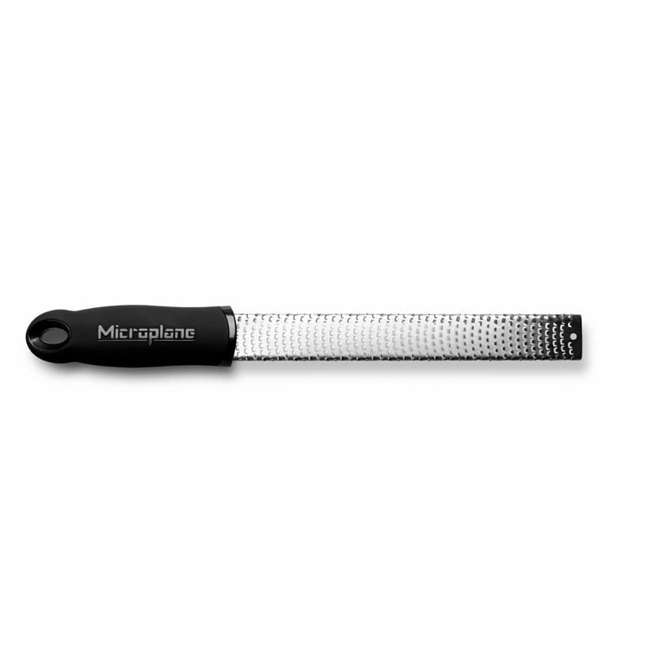 Black-handled Microplane Premium Classic zester with a narrow stainless blade on a white background