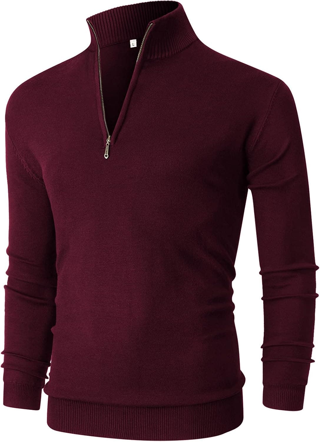 Man wearing a wind-red NITAGUT quarter-zip mock-neck sweater