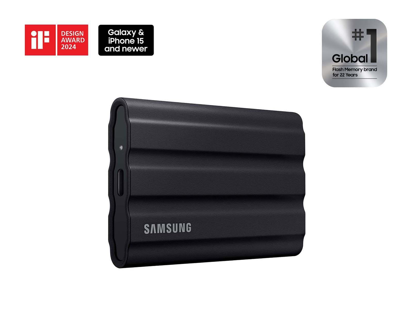 Black Samsung T7 Shield portable SSD standing upright, front view