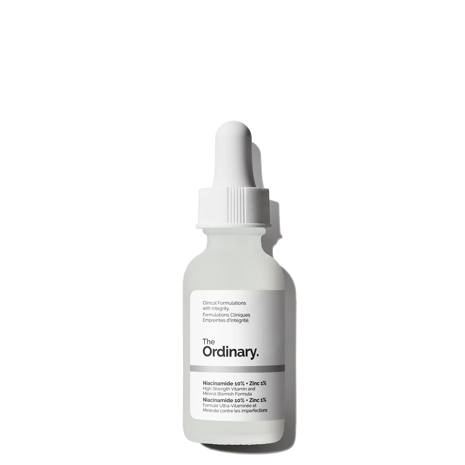 The Ordinary Niacinamide 10% + Zinc 1% serum bottle, 30 ml, with a white dropper cap