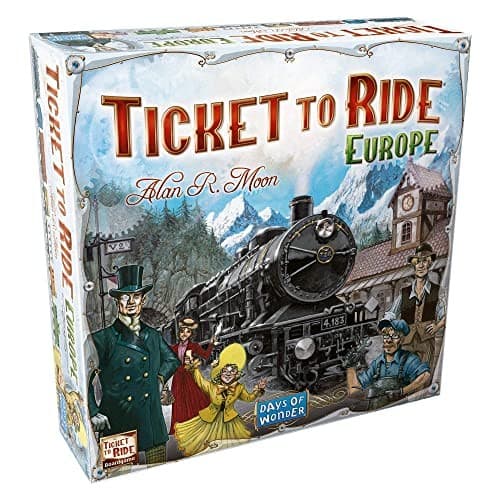 Ticket to Ride Europe board game box, blue with a steam train
