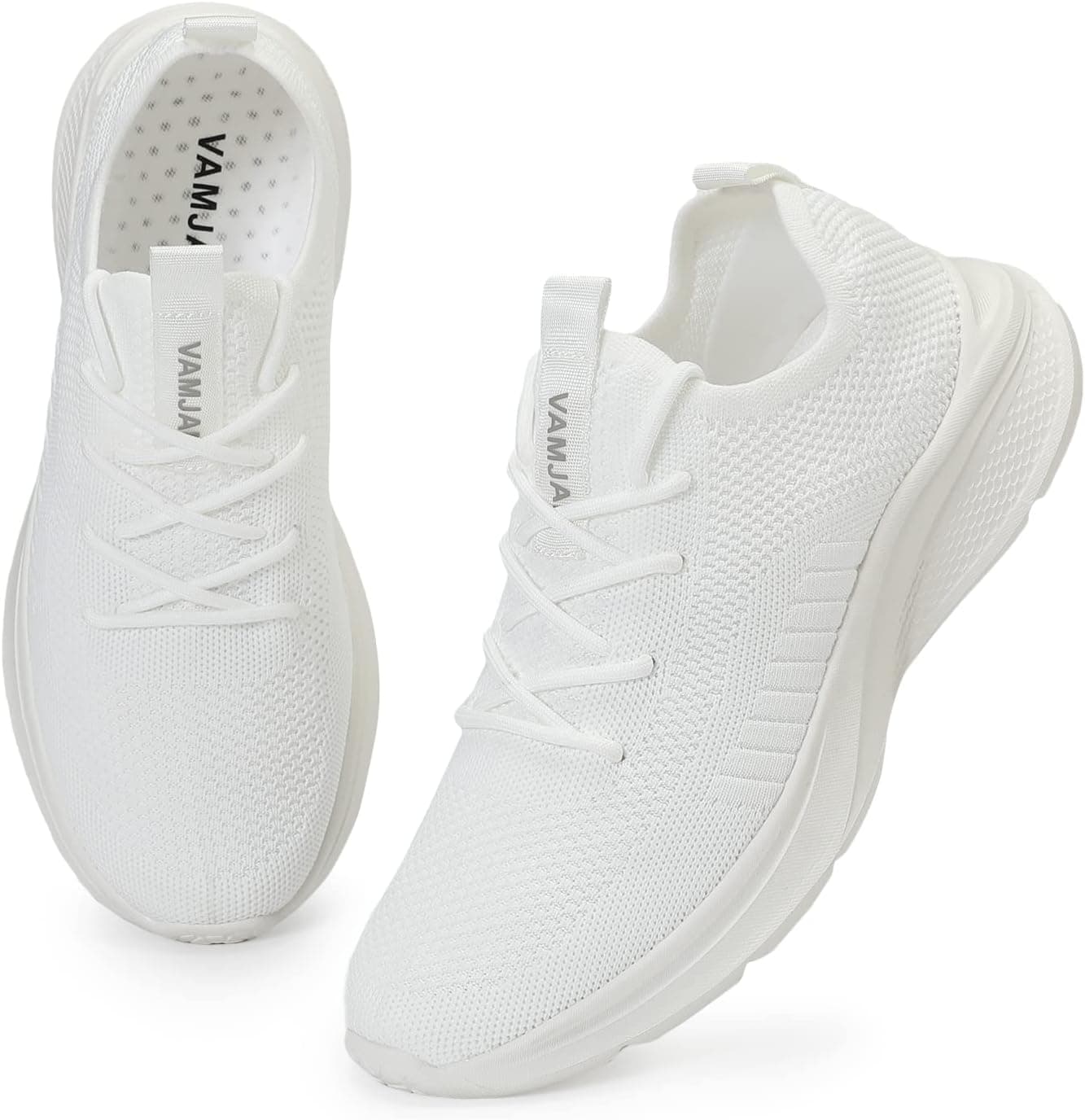 Pair of white VAMJAM mesh running shoes, front view on white